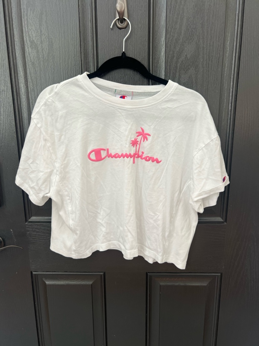 Champion White Cropped Tee with Pink Logo and Palm Tree